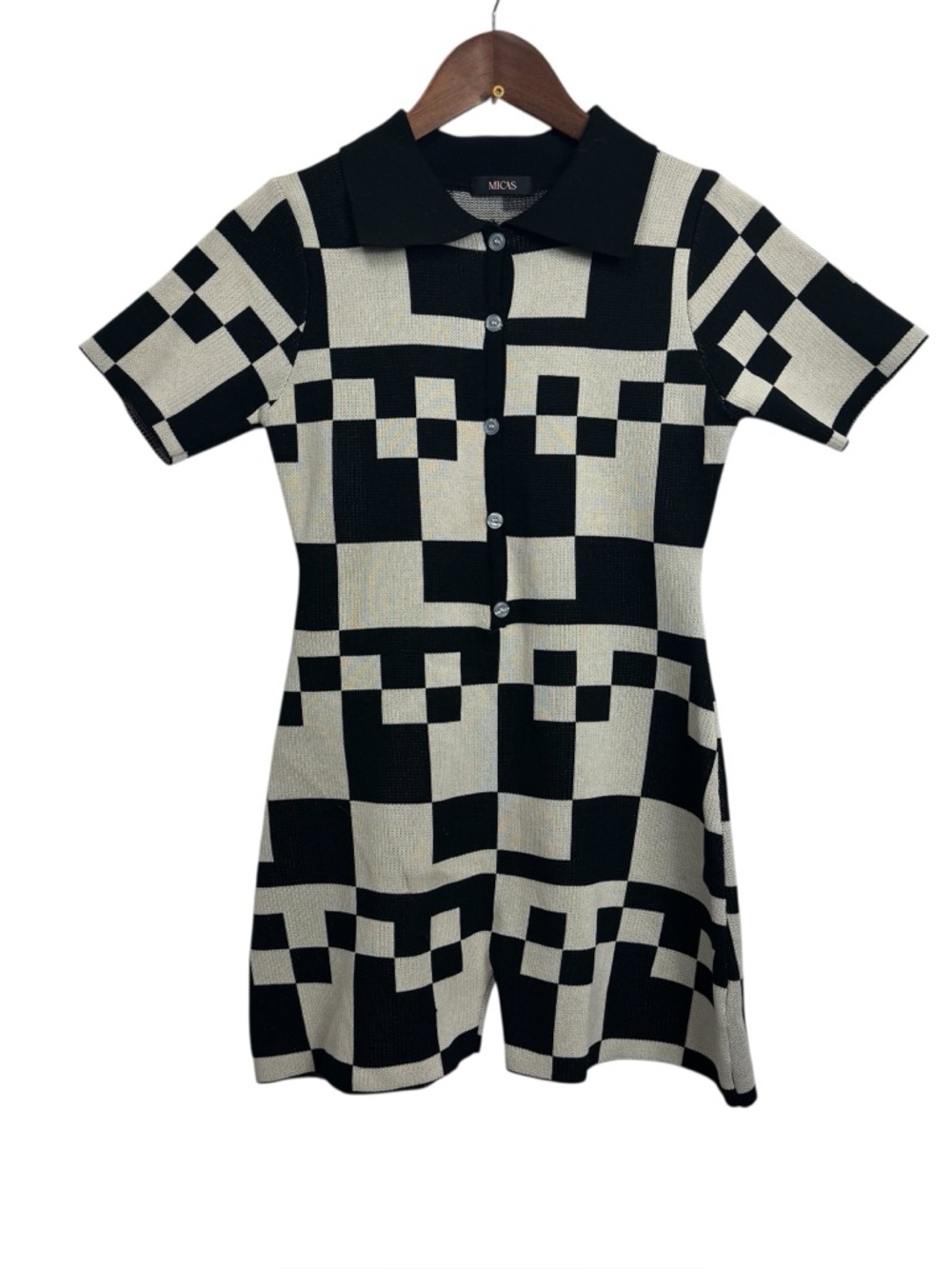 MICAS Black & Cream Geometric Knit Button-Up Romper Large
